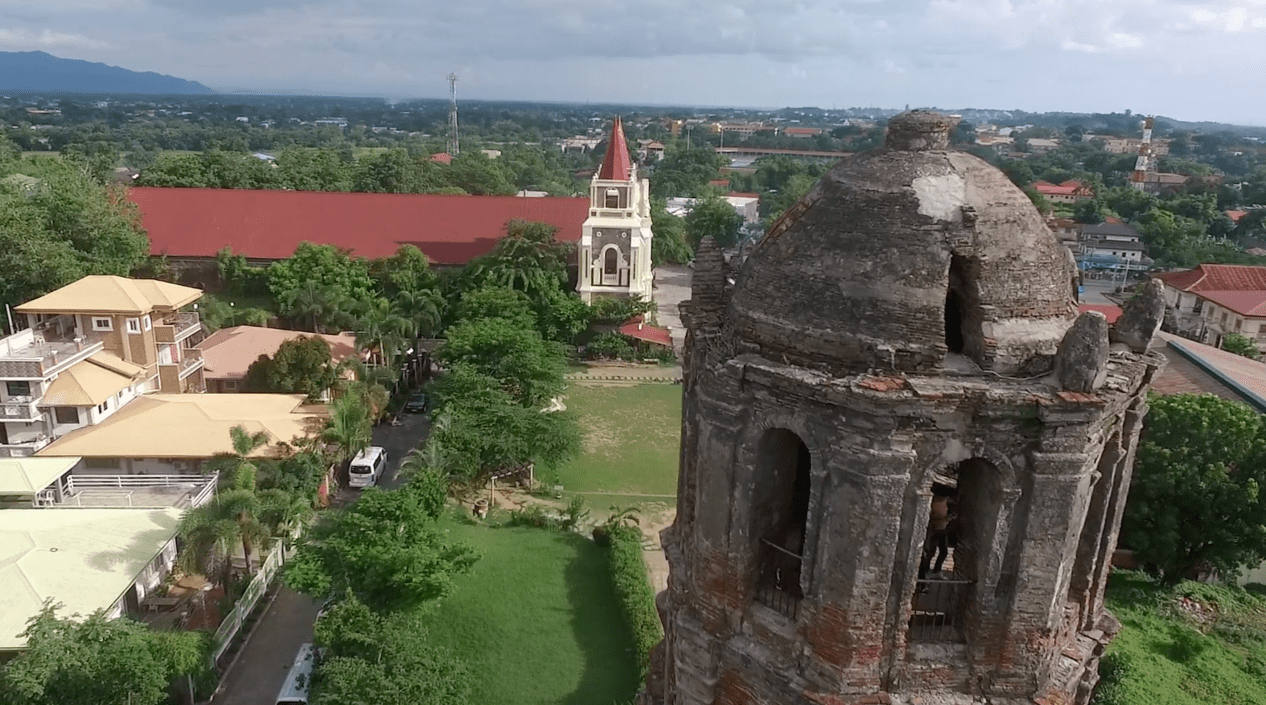 the bantay watchtower or bantay church belltower is a major touristic attraction in Vigan City, Ilocos Sur, Philippines. Drone footage as seen from the sky, aerial footage.