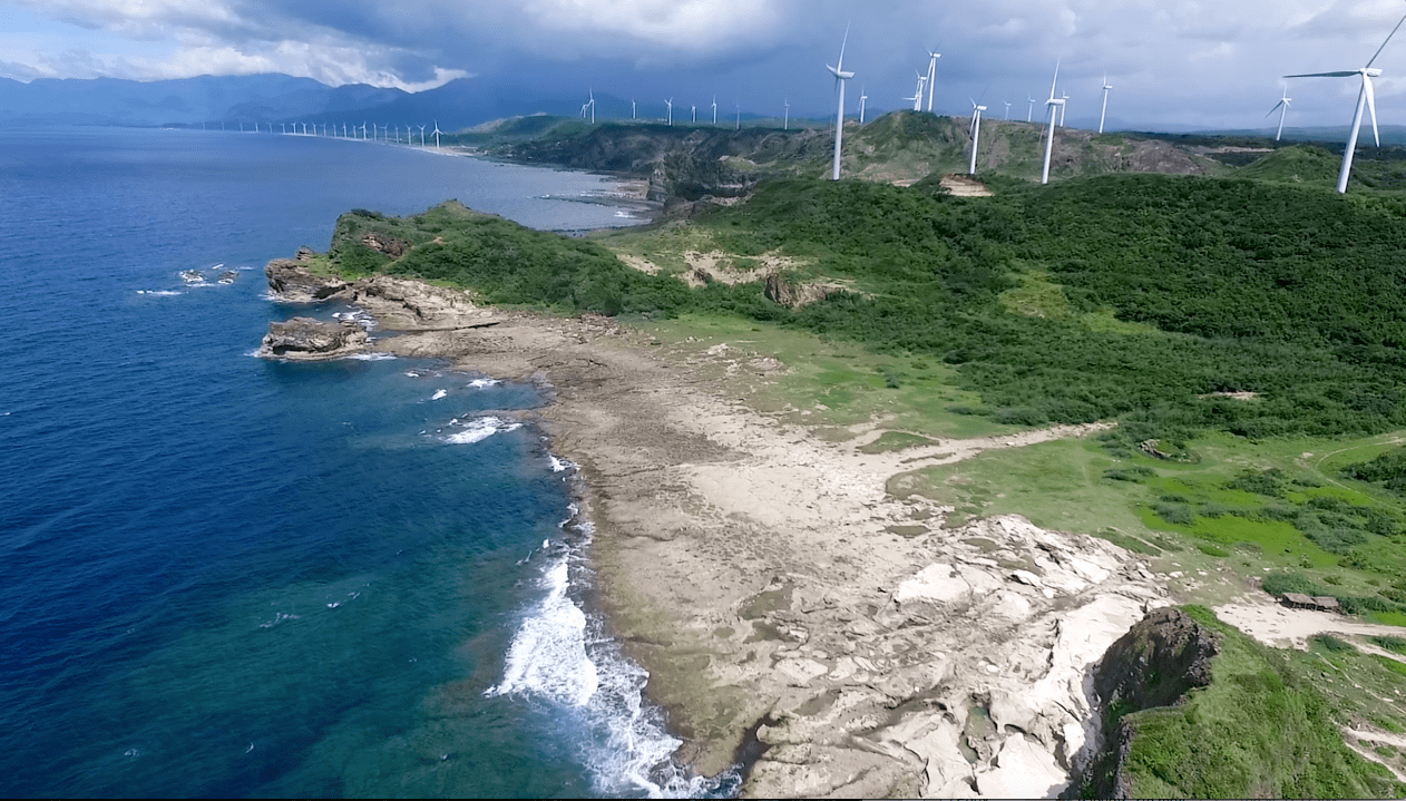 Kapurpurawan rock formation in pagudpud ilocos norte philippines, as seen from the air by drone footage